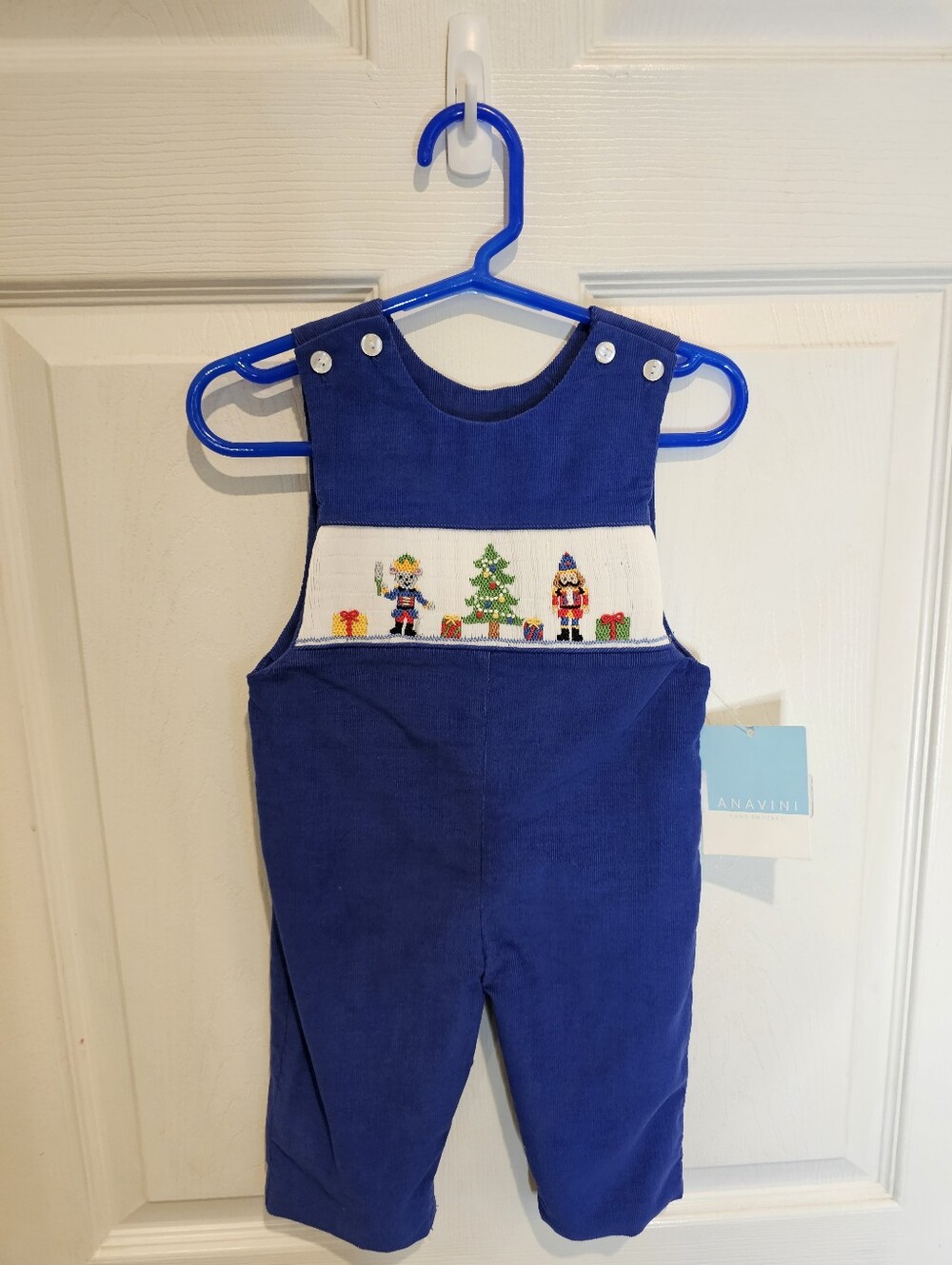 Kids Navy Holiday Overalls With Nutcracker And Christmas Tree Embroidery